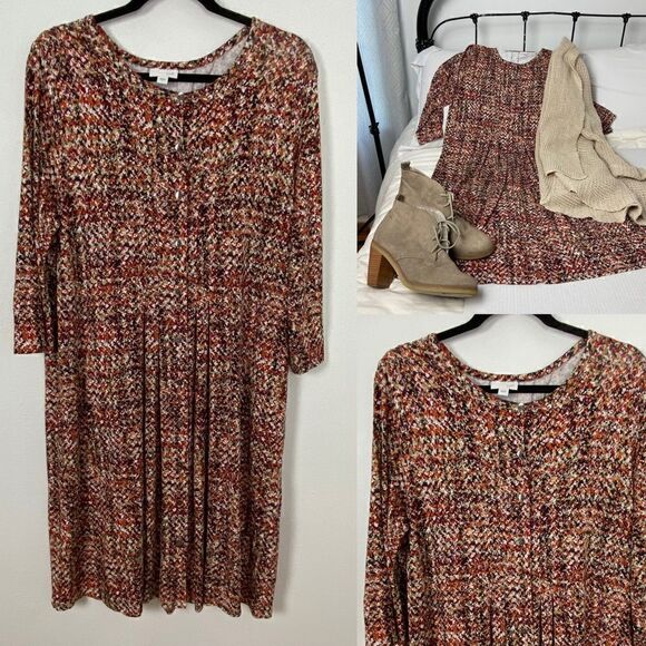 J Jill Midi Dress Sz L Brown Abstract Stretchy Knit Long Sleeve Pleated Pockets - Picture 1 of 11